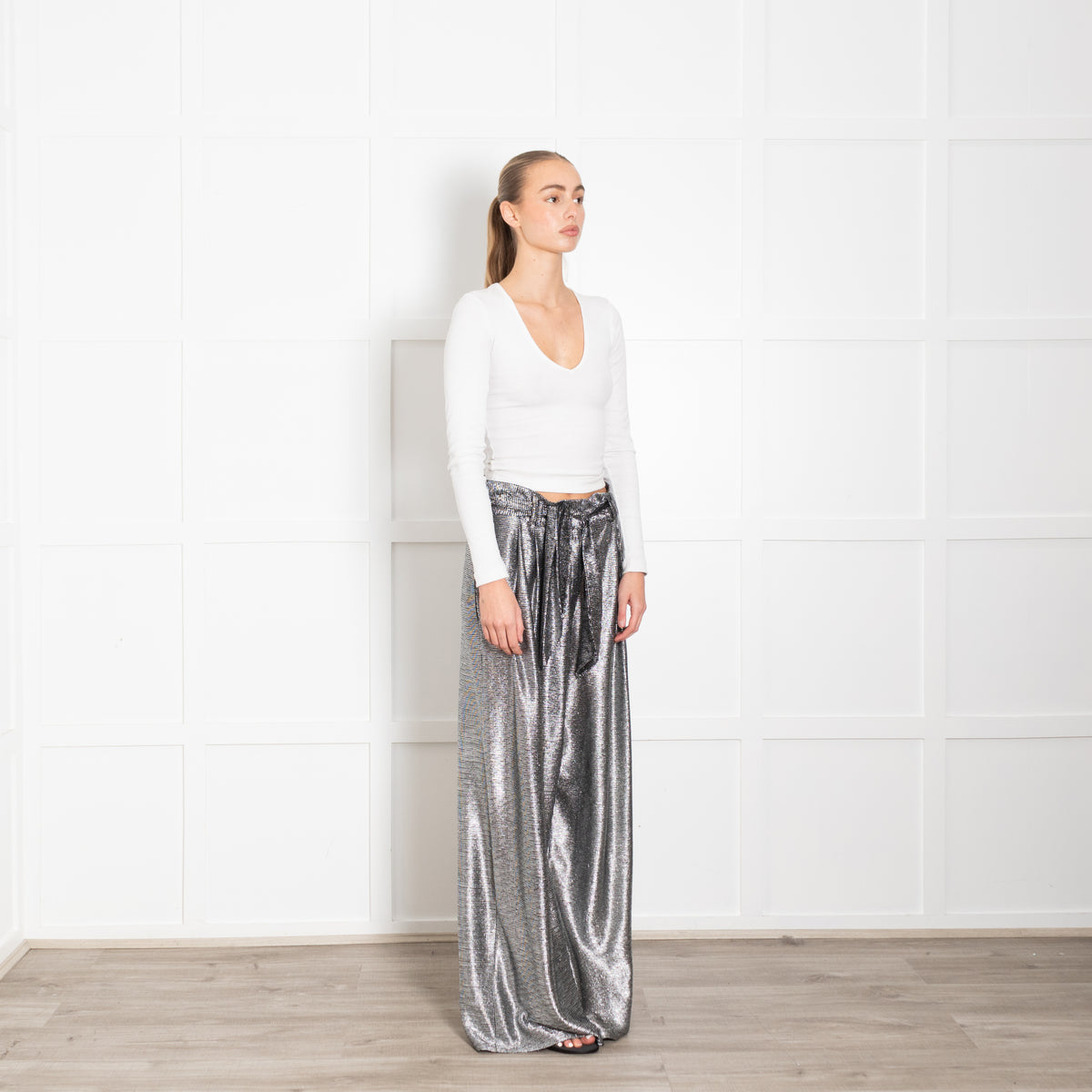 Christopher Kane Black Silver Lame Effect Belted Wide Leg Trousers