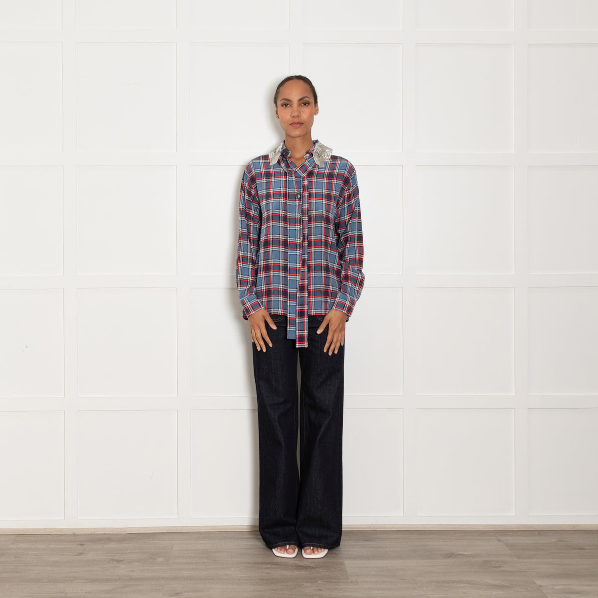 Marc Jacobs Blue Red Oversized Silk Check Shirt With Sequin Embellised Collar
