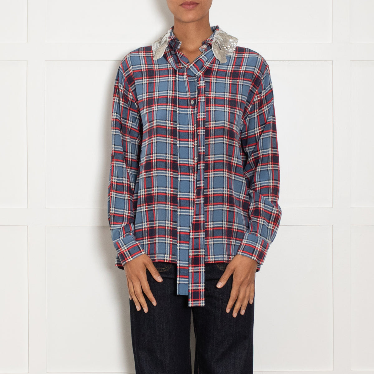 Marc Jacobs Blue Red Oversized Silk Check Shirt With Sequin Embellised Collar