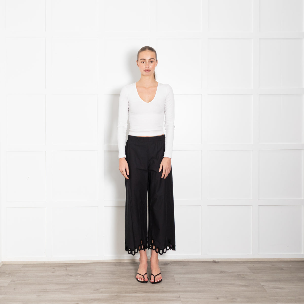 Whyci Black Cotton Embroidery Trim Trousers