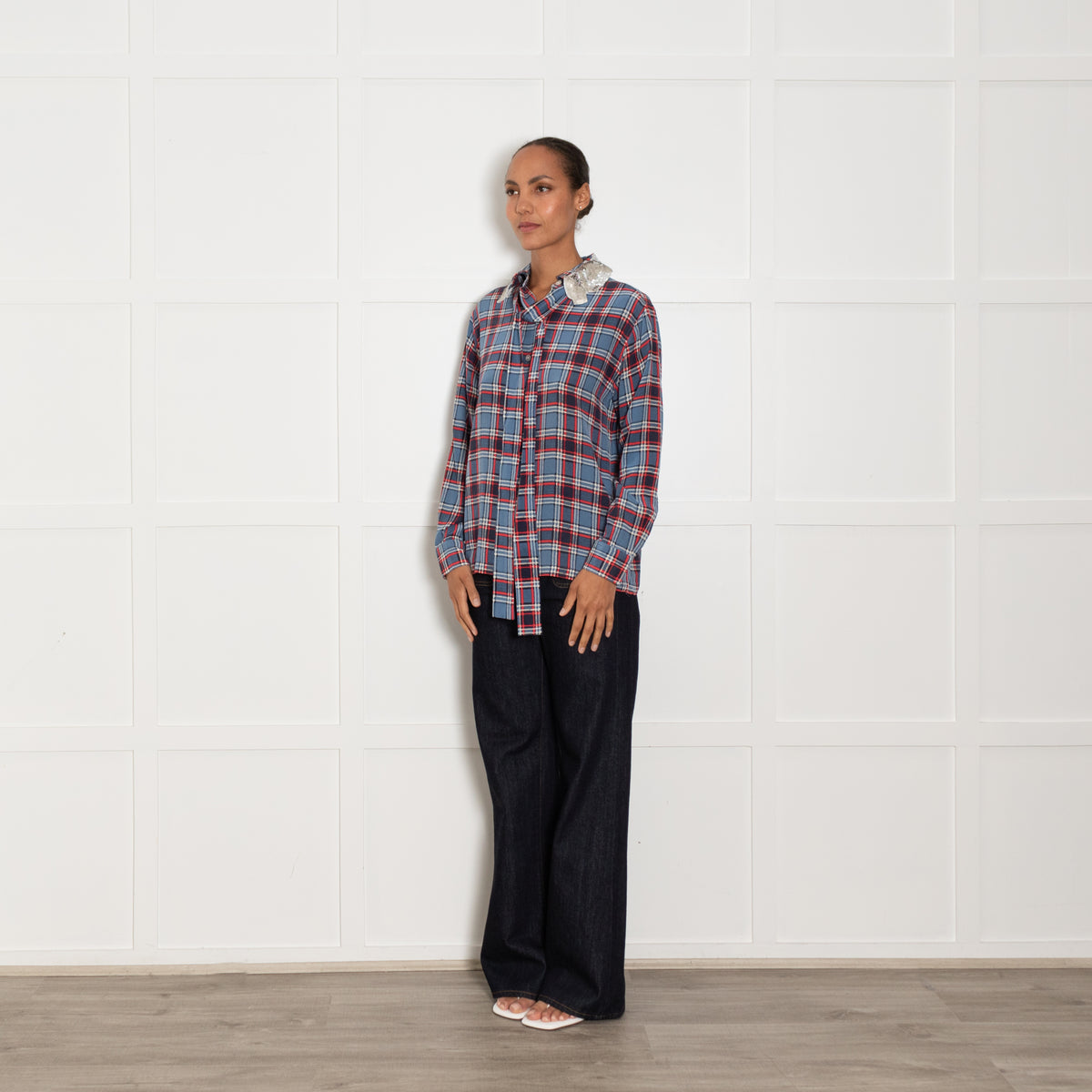 Marc Jacobs Blue Red Oversized Silk Check Shirt With Sequin Embellised Collar