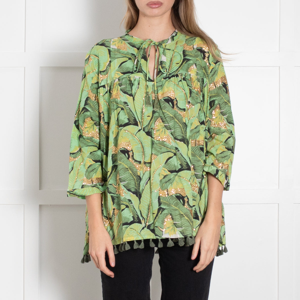 Rose & Rose Green Cotton Leaf Print Top with Gold Embellisment