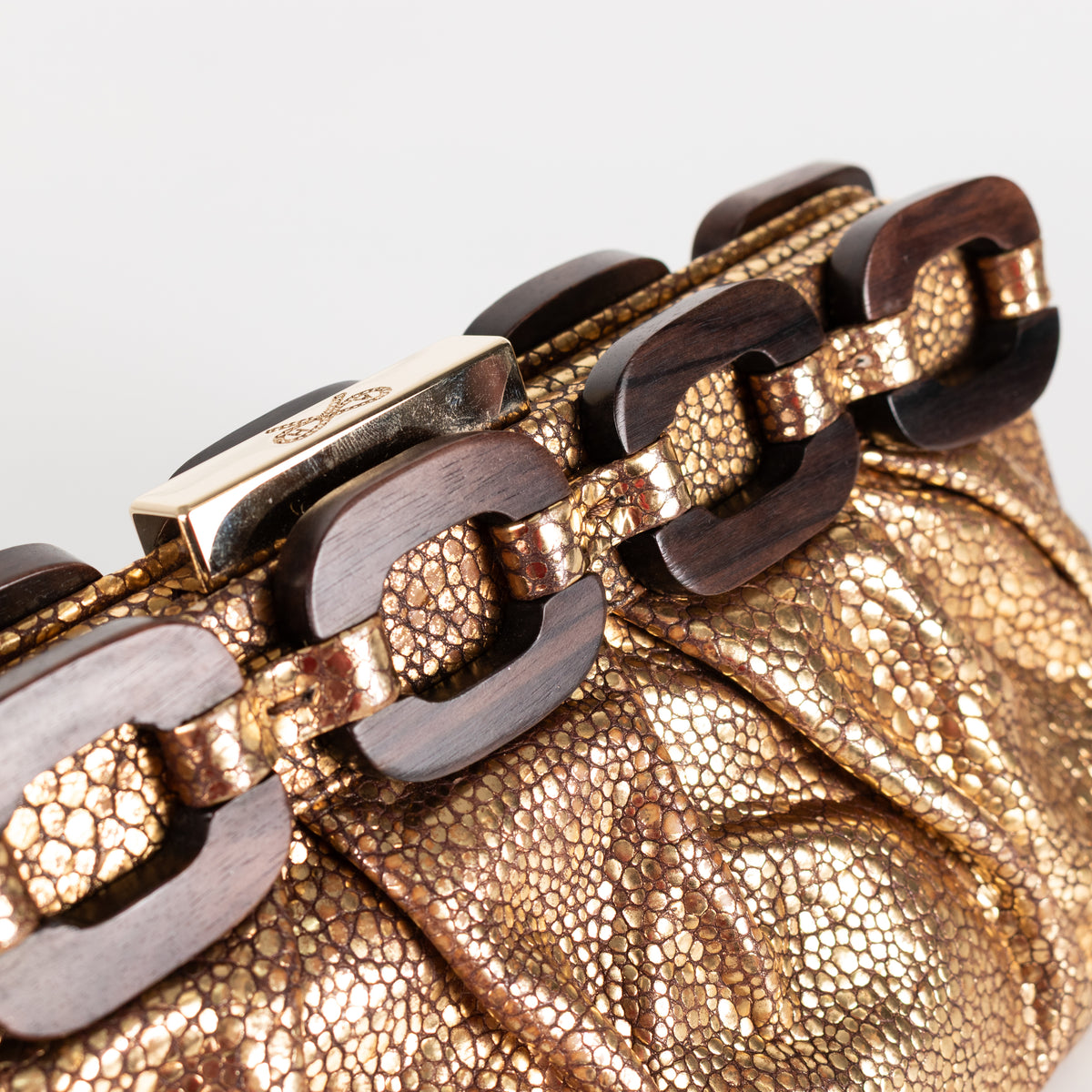 Anya Hindmarch Gold Crinkle Clutch with Wooden Link Detail