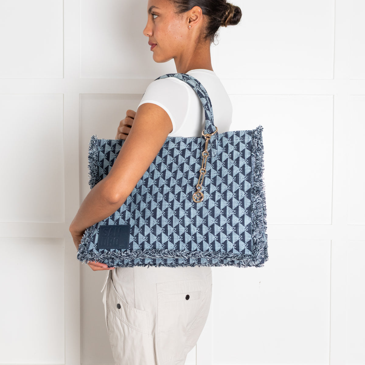 Sandro Blue Cotton Kasbah Monogram Tote Bag With Frayed Edge