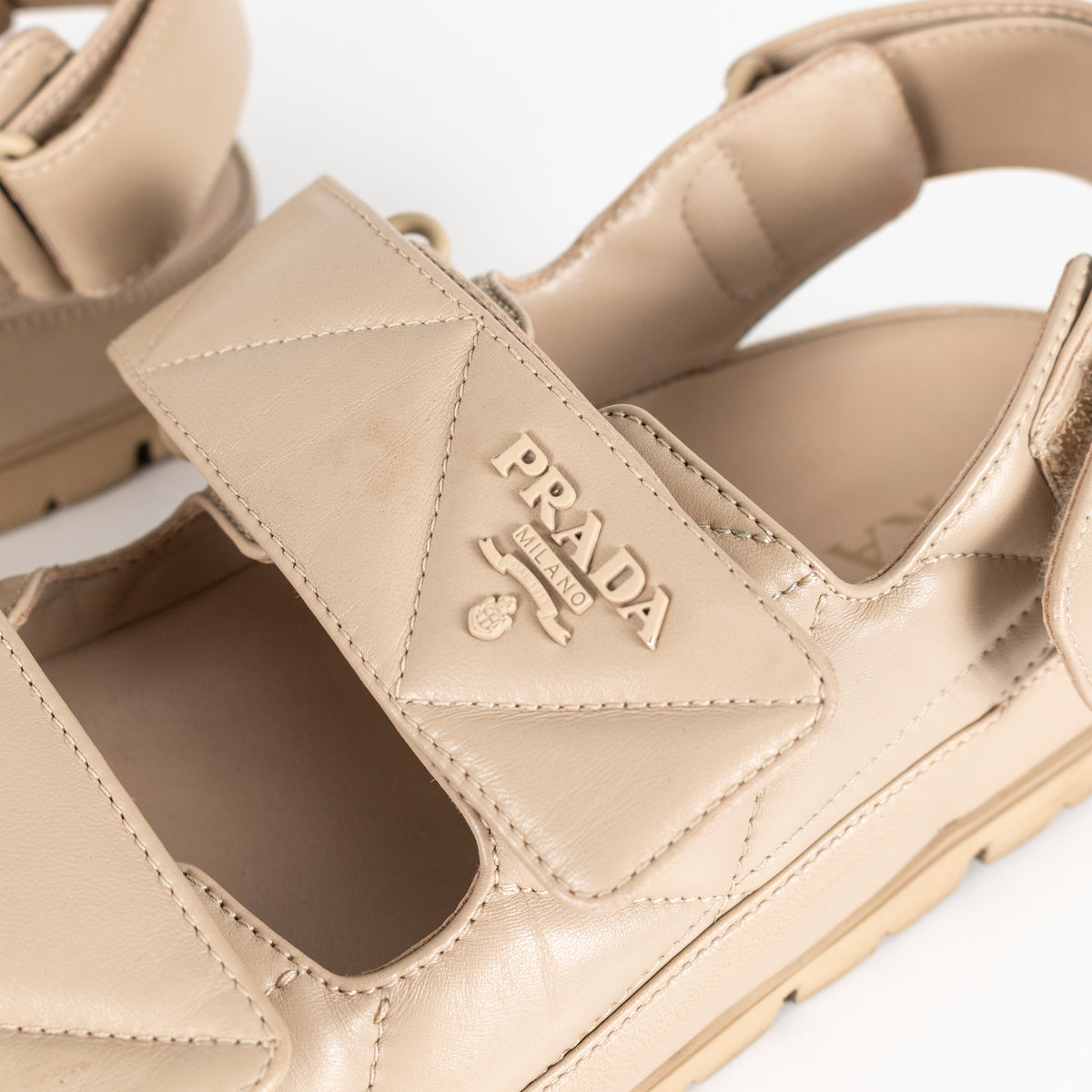 Prada Beige Monolith Quilted Leather Sandals With Chunky Sole