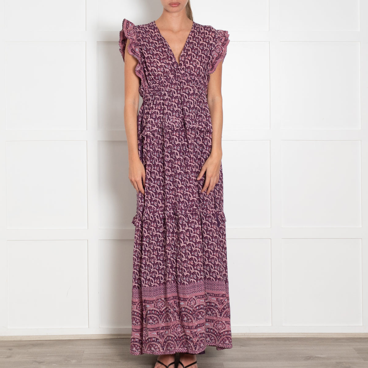 M.A.B.E Purple Cream Paisley Print Frill Detail Maxi Linen Dress