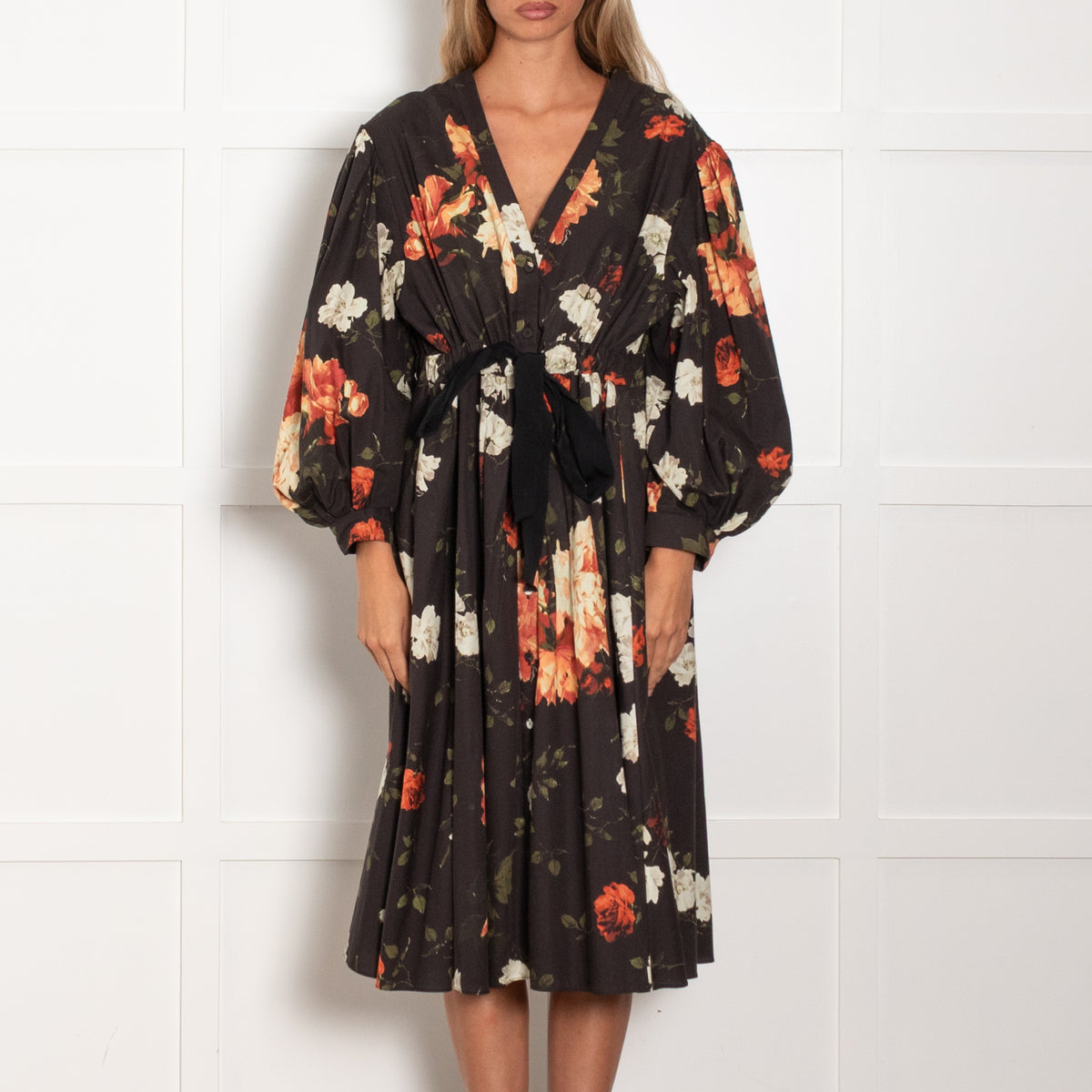 Erdem Black Red White Floral Belted Long Sleeve Dres