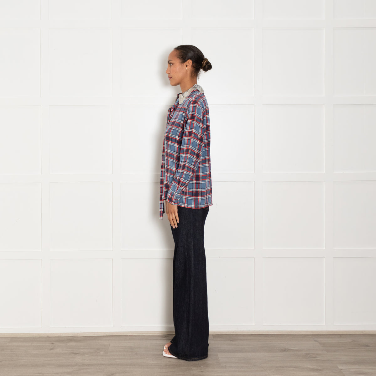 Marc Jacobs Blue Red Oversized Silk Check Shirt With Sequin Embellised Collar