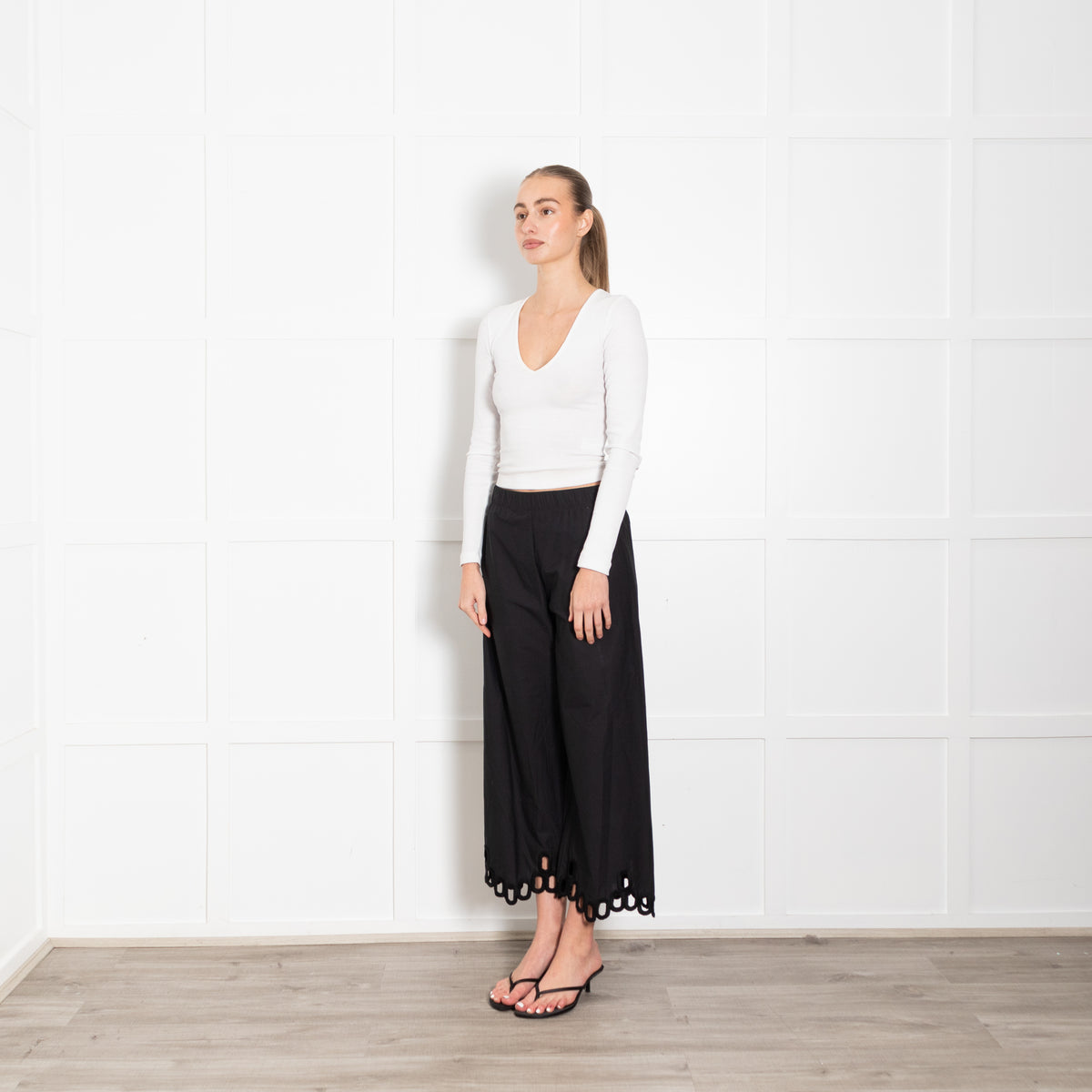 Whyci Black Cotton Embroidery Trim Trousers