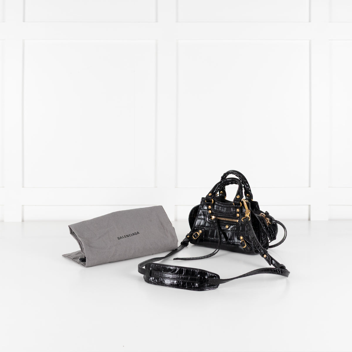 Balenciaga Black Croc Embossed Leather Nano Neo Cagole City Bag