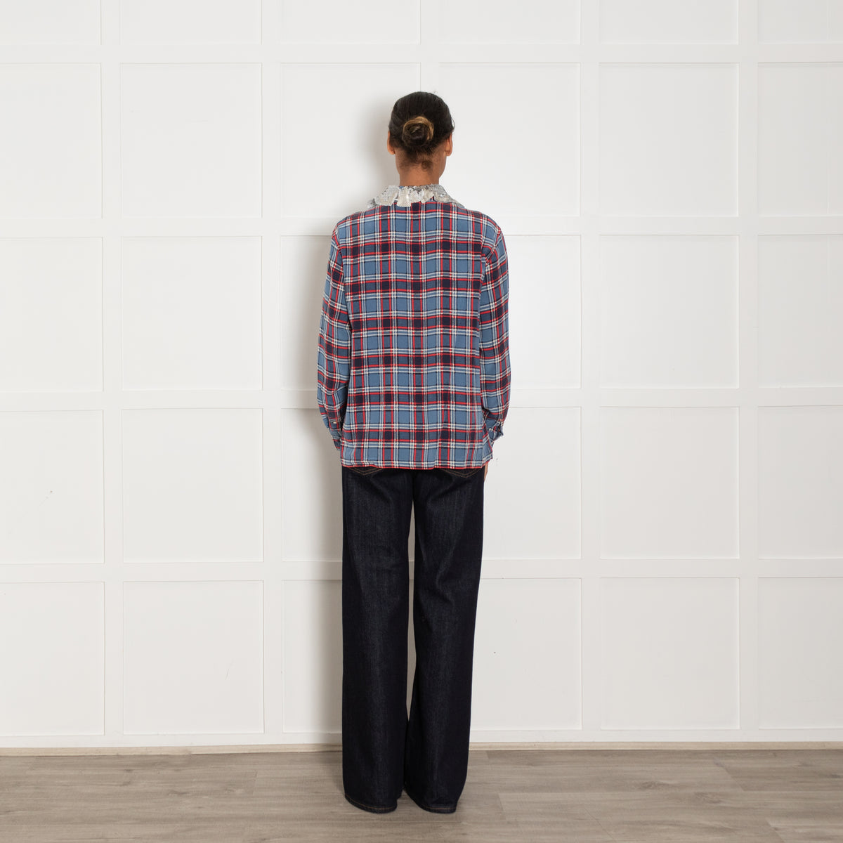 Marc Jacobs Blue Red Oversized Silk Check Shirt With Sequin Embellised Collar