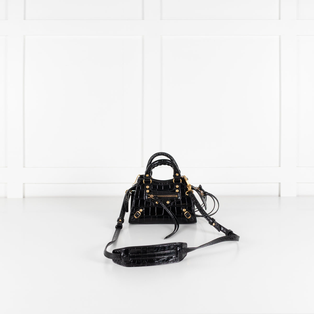 Balenciaga Black Croc Embossed Leather Nano Neo Cagole City Bag