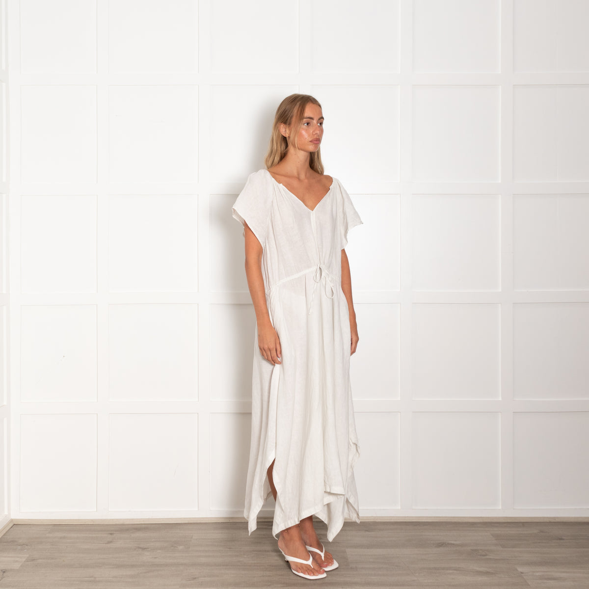 Velvet by Graham & Spencer White Linen Relaxed Fit Drawstring Waist Maxi Dress