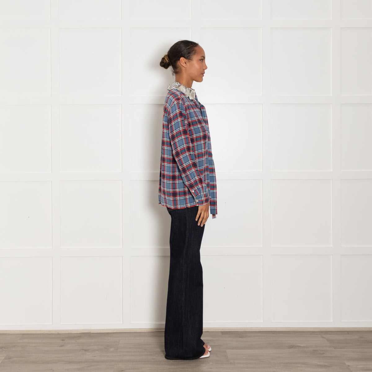 Marc Jacobs Blue Red Oversized Silk Check Shirt With Sequin Embellised Collar