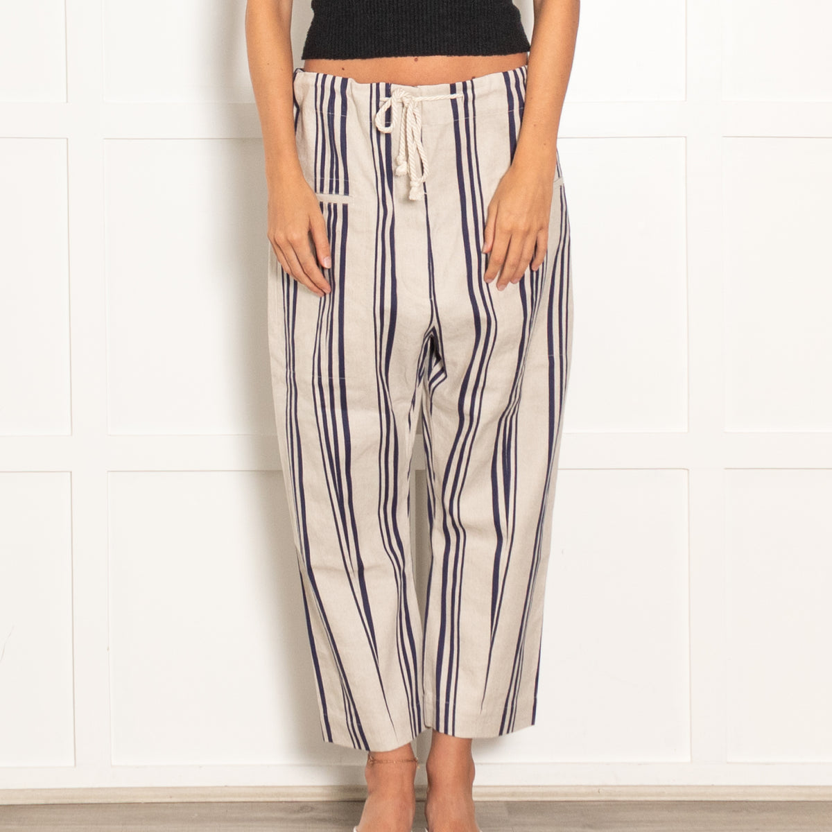 Joseph Cream And Navy Stripe Cutoff Trousers With Rope Drawstring