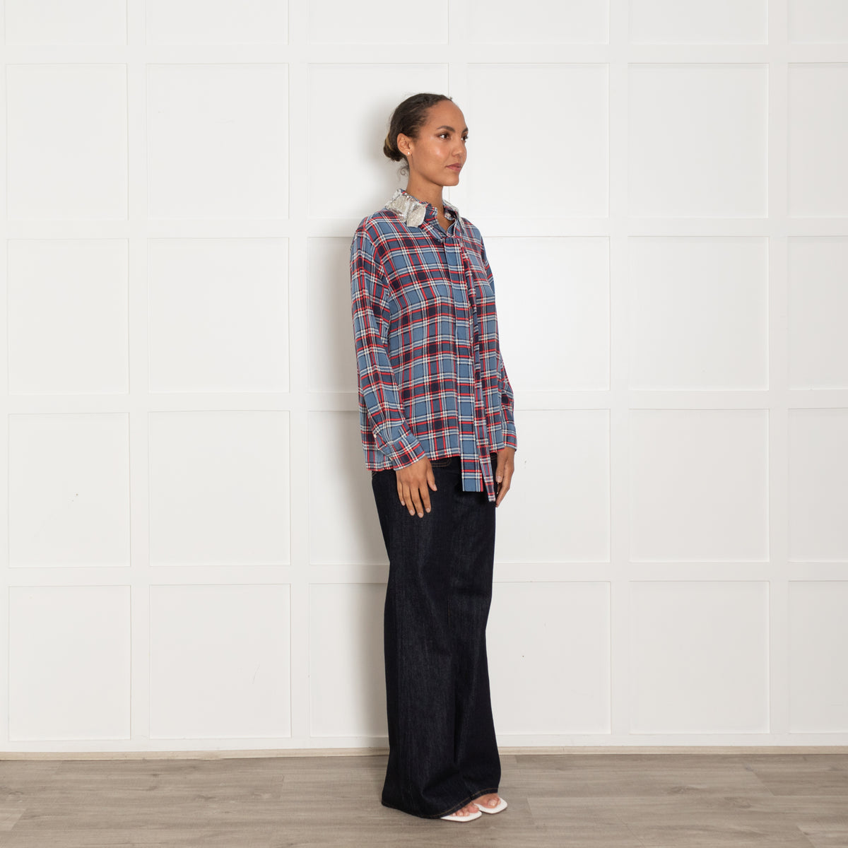 Marc Jacobs Blue Red Oversized Silk Check Shirt With Sequin Embellised Collar
