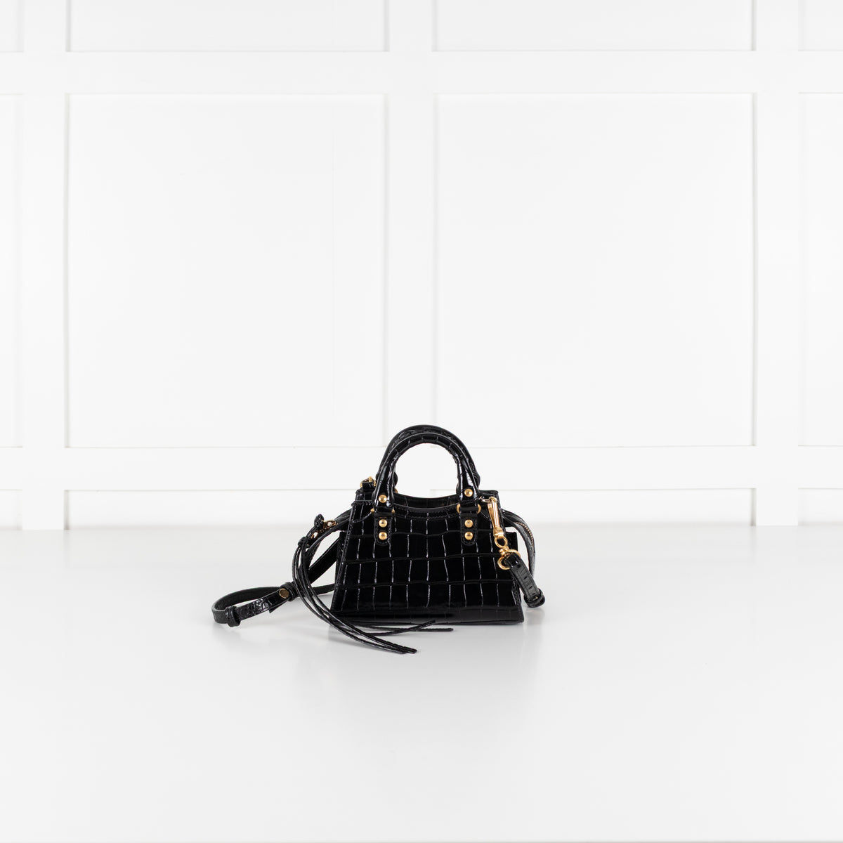 Balenciaga Black Croc Embossed Leather Nano Neo Cagole City Bag