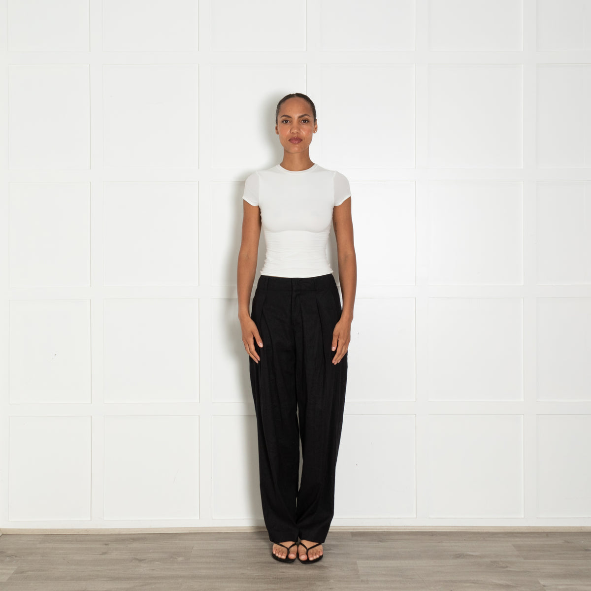 Rag & Bone Black Linen Pleated Wide Leg Trousers With Pockets