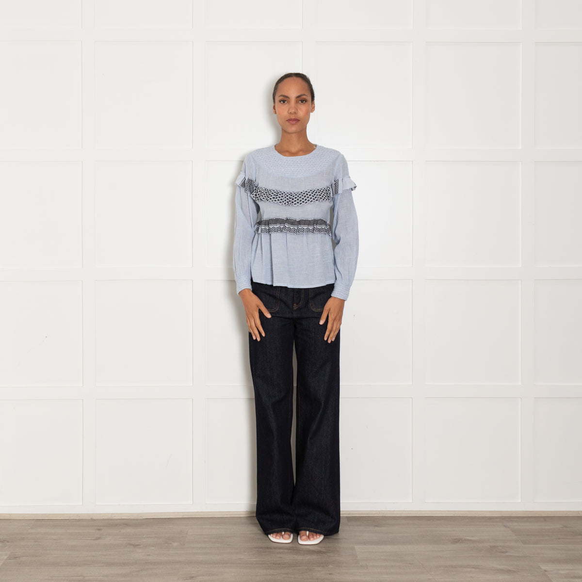 Cecilie Copenhagen Blue Long Sleeve Blouse With White And Black Patterned Embroidered Trim