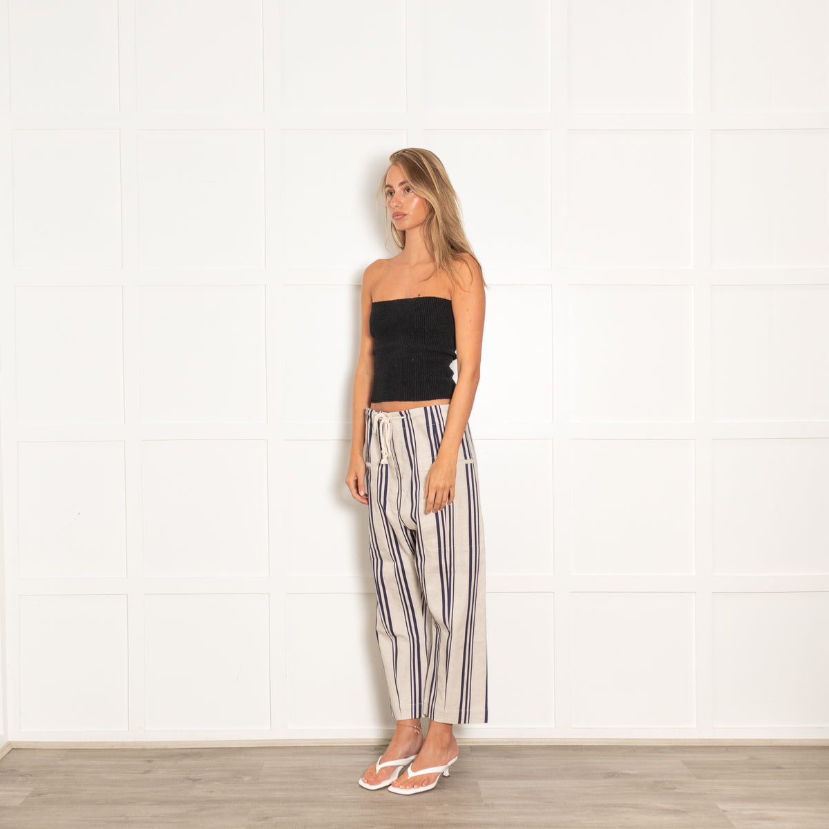 Joseph Cream And Navy Stripe Cutoff Trousers With Rope Drawstring