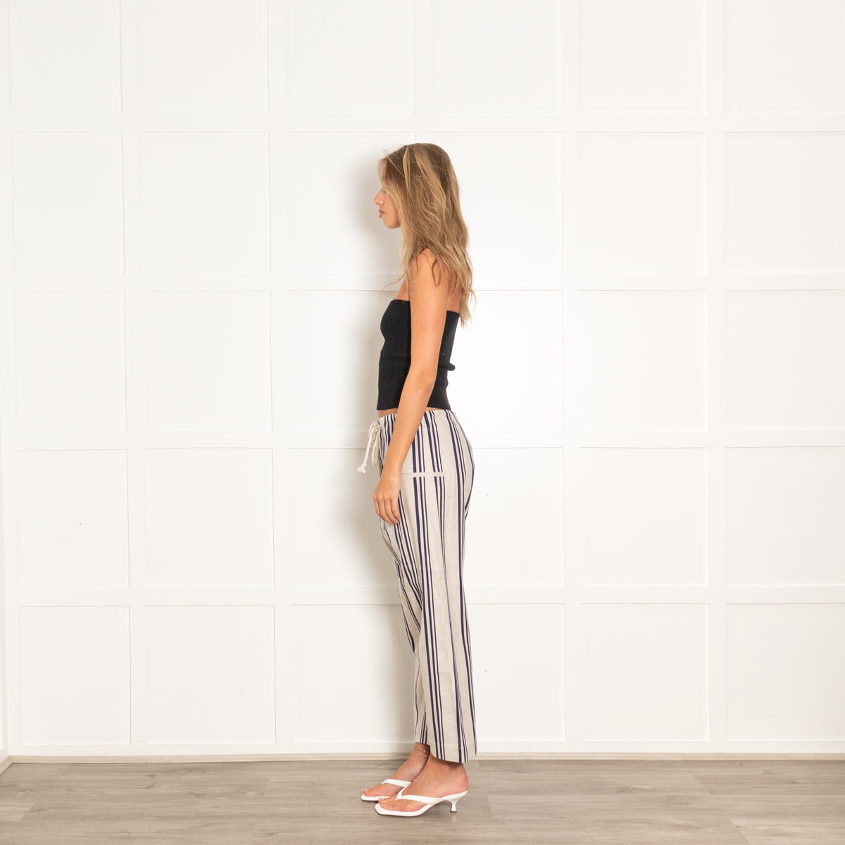 Joseph Cream And Navy Stripe Cutoff Trousers With Rope Drawstring