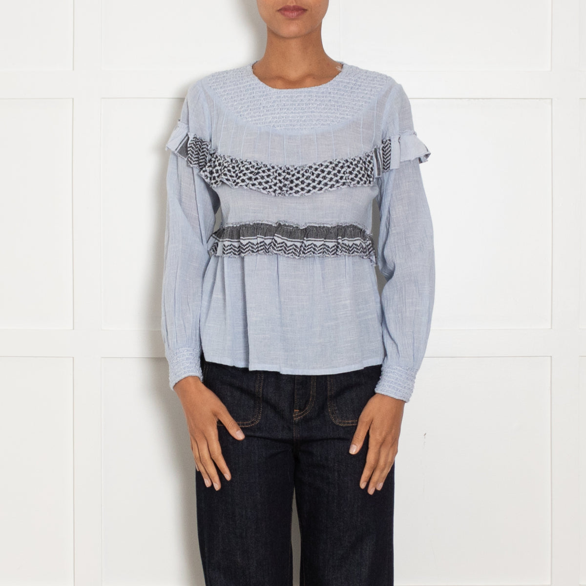 Cecilie Copenhagen Blue Long Sleeve Blouse With White And Black Patterned Embroidered Trim
