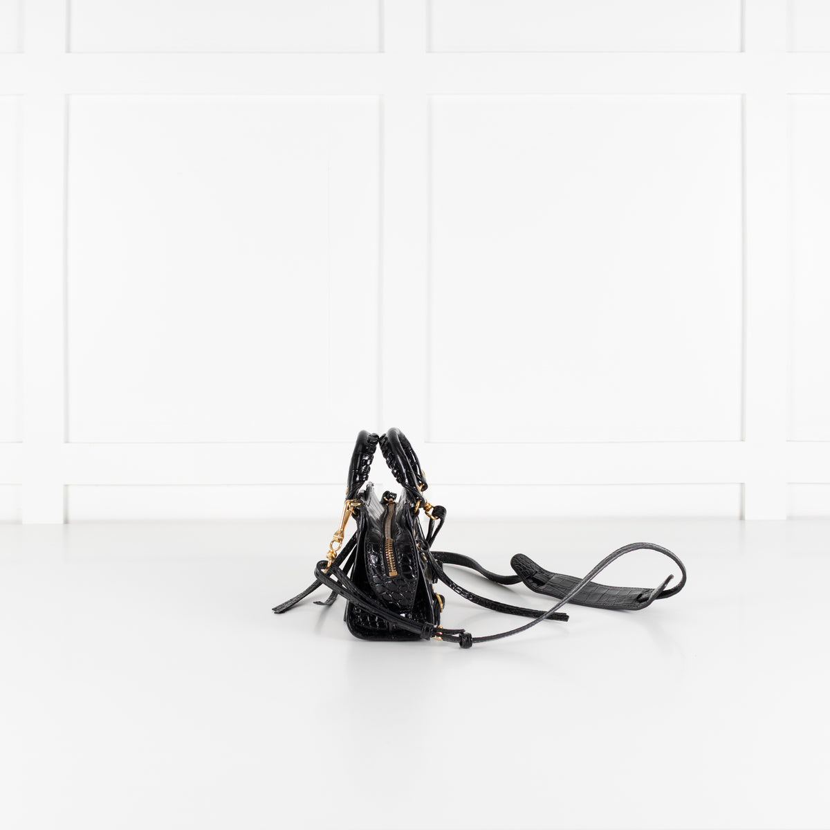 Balenciaga Black Croc Embossed Leather Nano Neo Cagole City Bag