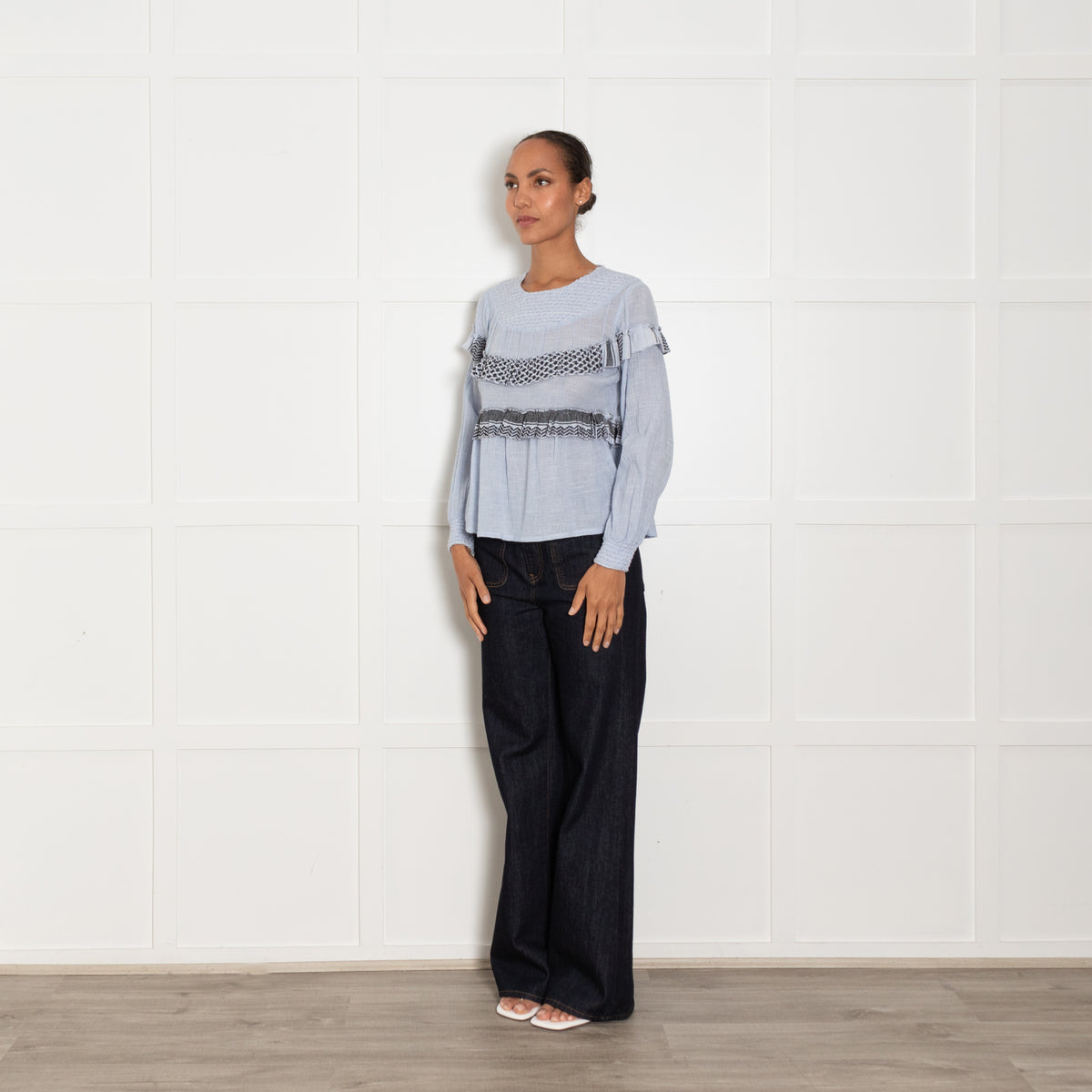 Cecilie Copenhagen Blue Long Sleeve Blouse With White And Black Patterned Embroidered Trim