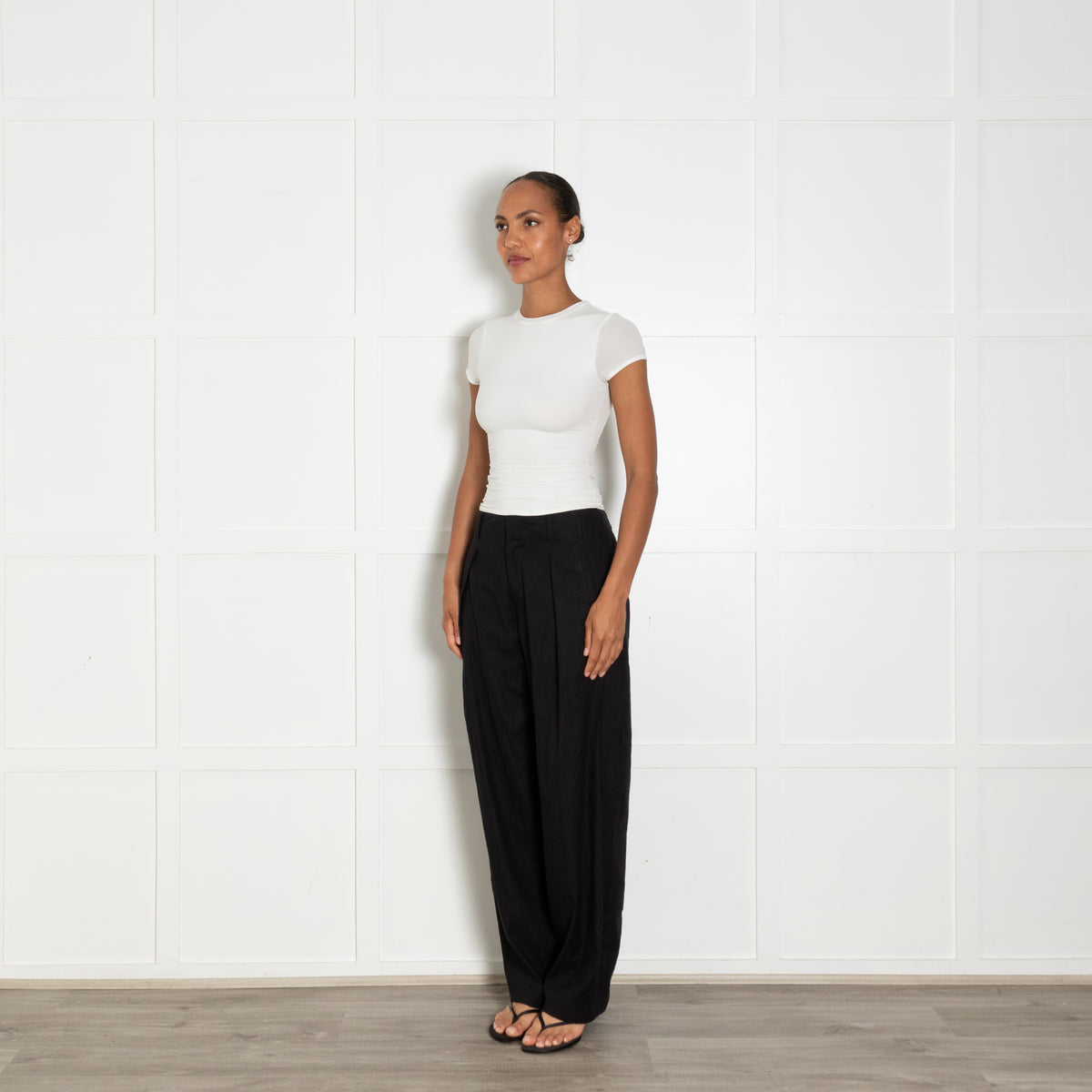 Rag & Bone Black Linen Pleated Wide Leg Trousers With Pockets