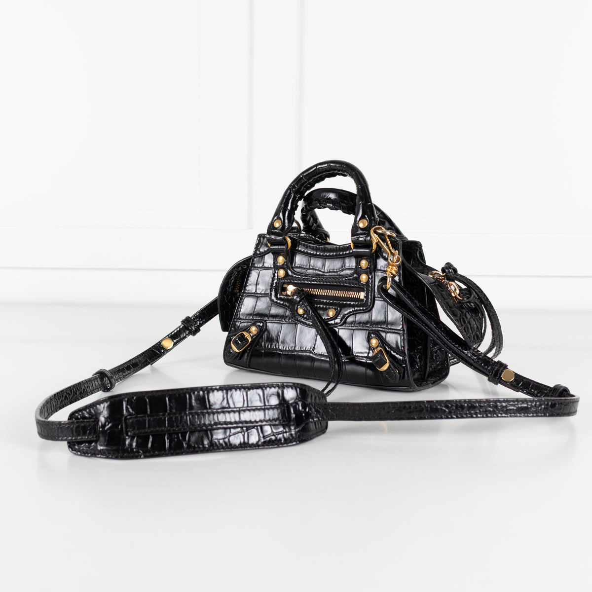 Balenciaga Black Croc Embossed Leather Nano Neo Cagole City Bag