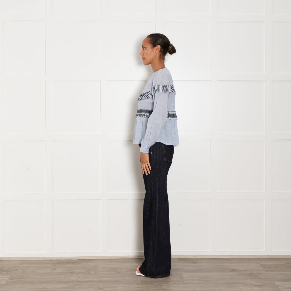 Cecilie Copenhagen Blue Long Sleeve Blouse With White And Black Patterned Embroidered Trim