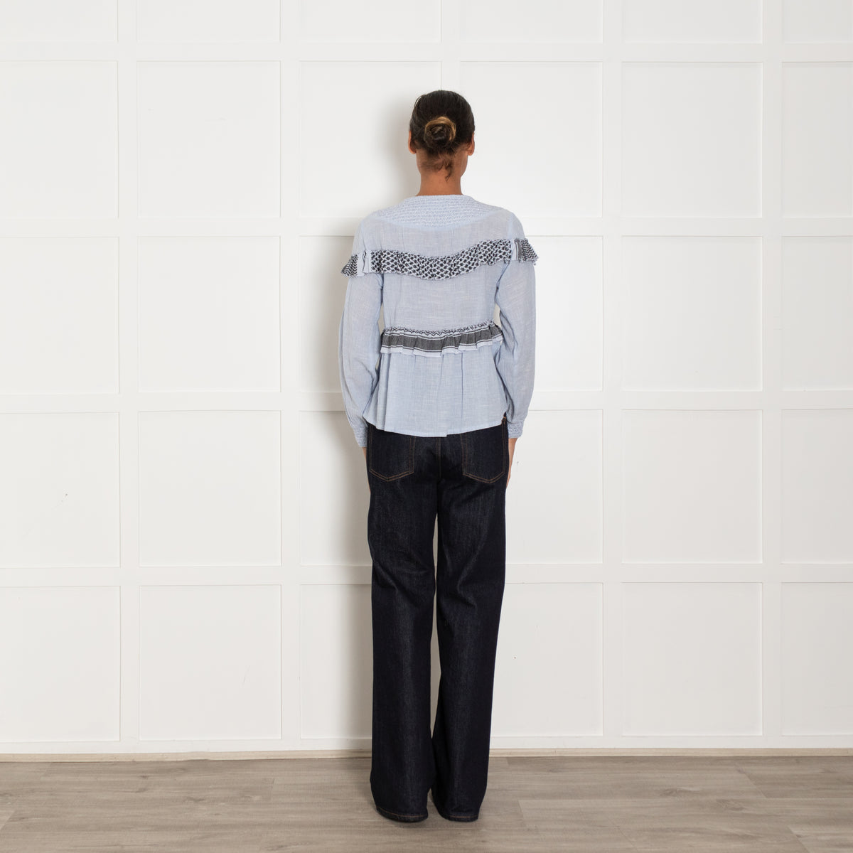 Cecilie Copenhagen Blue Long Sleeve Blouse With White And Black Patterned Embroidered Trim