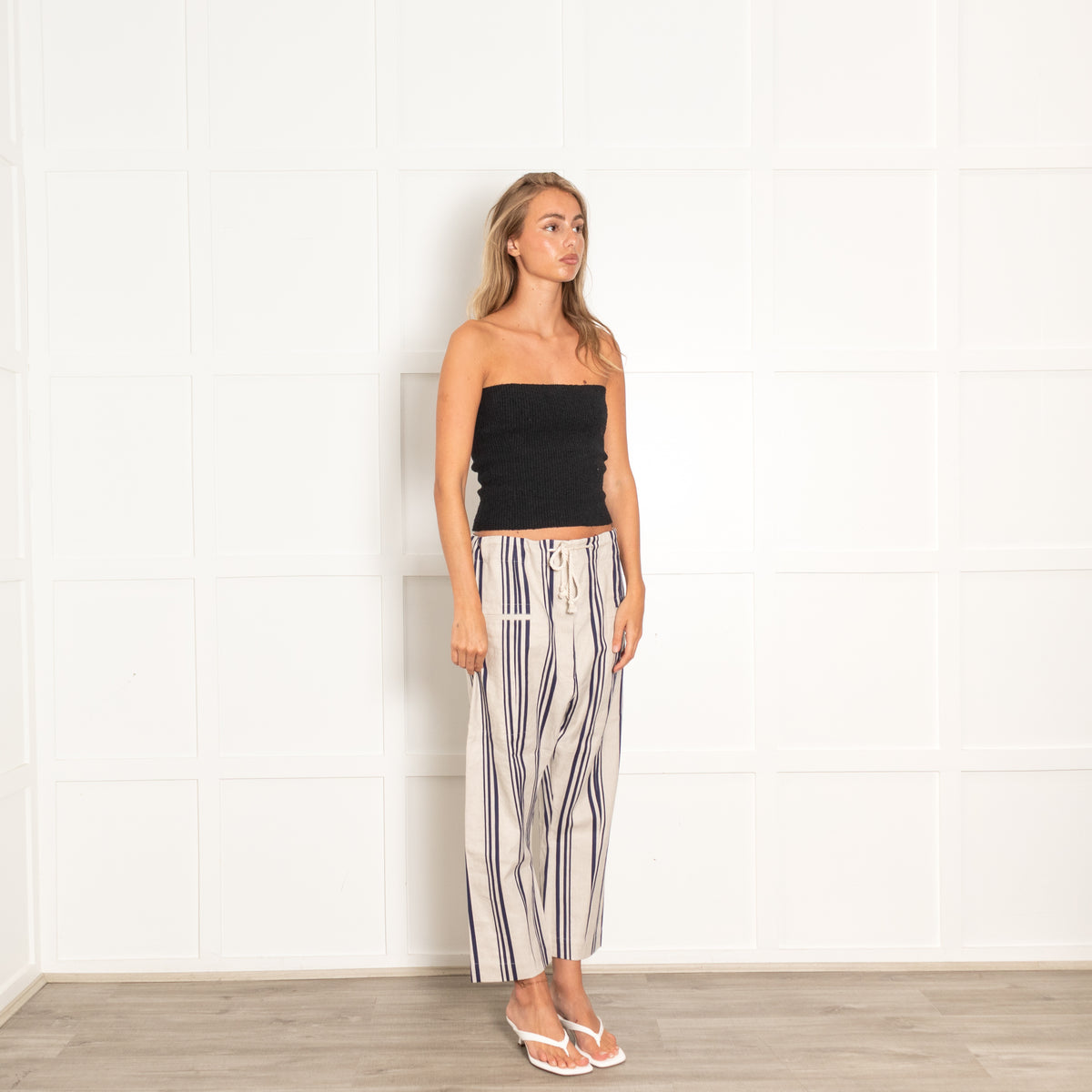 Joseph Cream And Navy Stripe Cutoff Trousers With Rope Drawstring