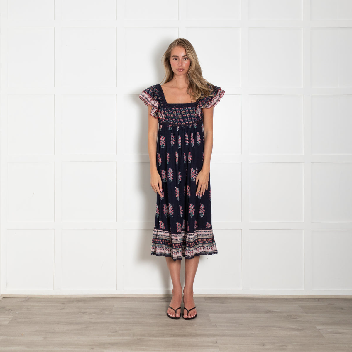 MABE Blue Cotton With Pink Flowers Dress With Frill Hem