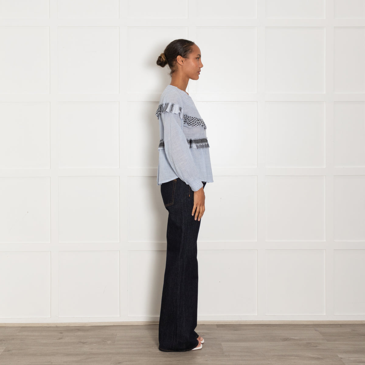 Cecilie Copenhagen Blue Long Sleeve Blouse With White And Black Patterned Embroidered Trim