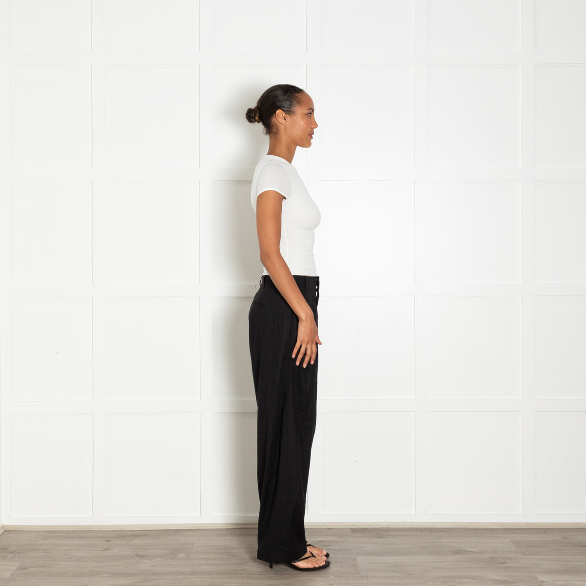 Rag & Bone Black Linen Pleated Wide Leg Trousers With Pockets