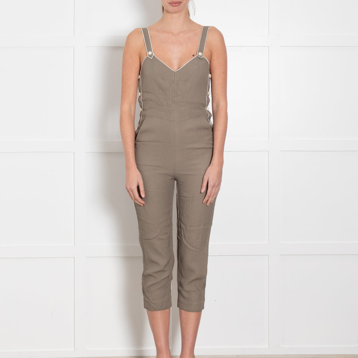 Rag & Bone Khaki Green White Trim Cropped Leg Jumpsuit