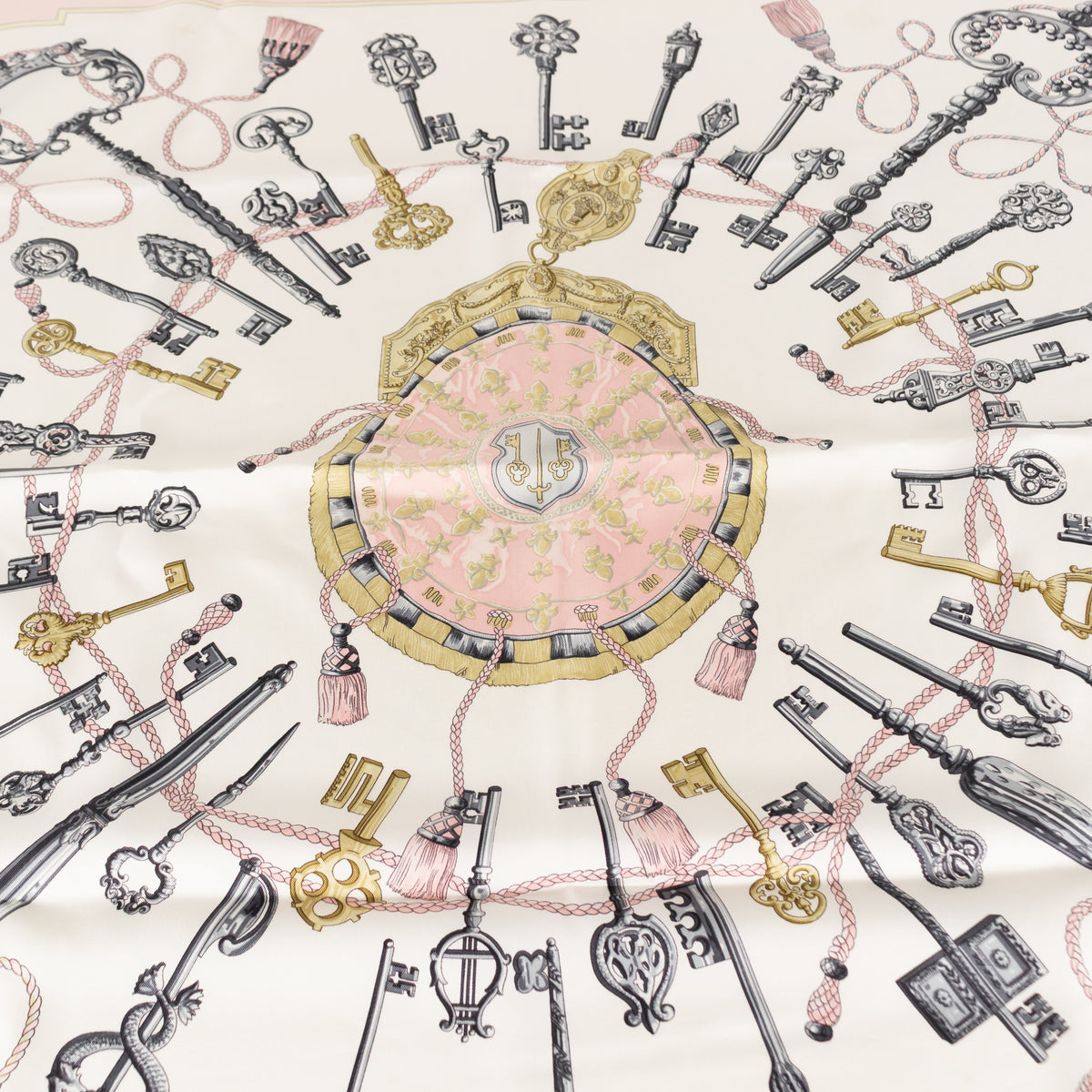 Hermes Les Cles Silk  Pink, Yellow, Black & Cream Scarf