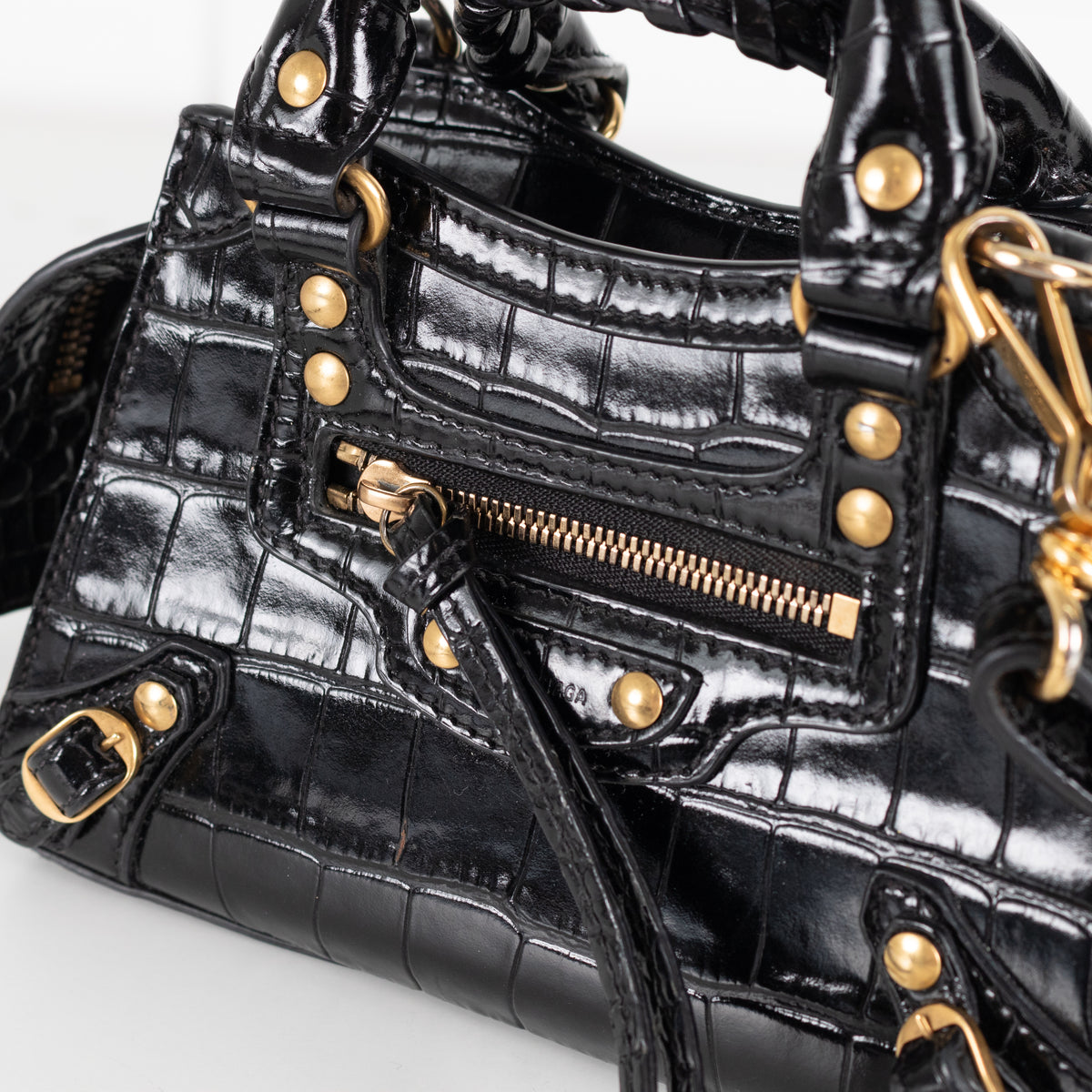Balenciaga Black Croc Embossed Leather Nano Neo Cagole City Bag
