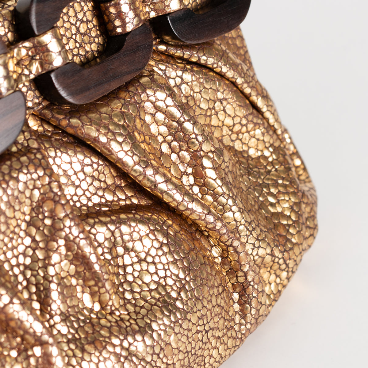 Anya Hindmarch Gold Crinkle Clutch with Wooden Link Detail