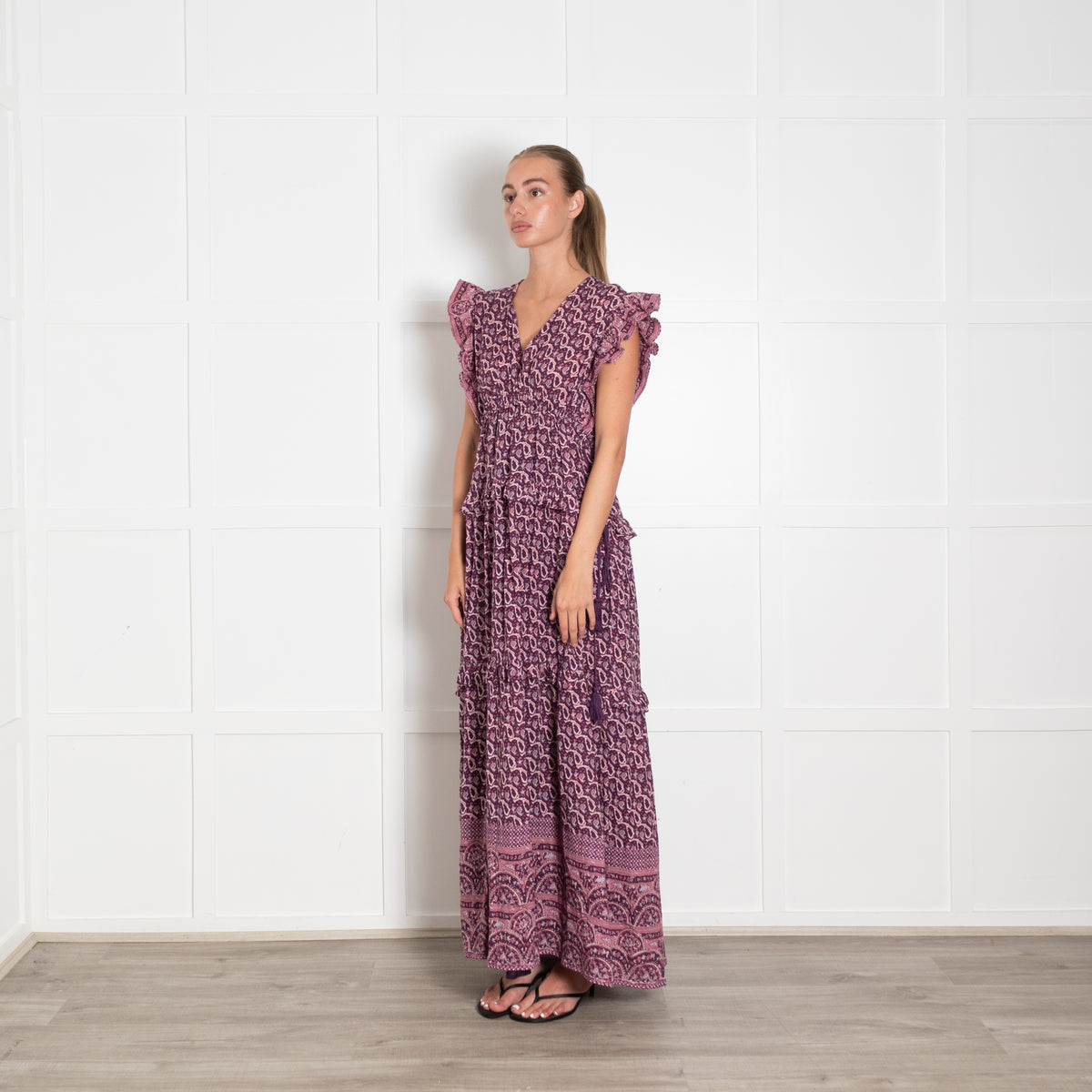 M.A.B.E Purple Cream Paisley Print Frill Detail Maxi Linen Dress