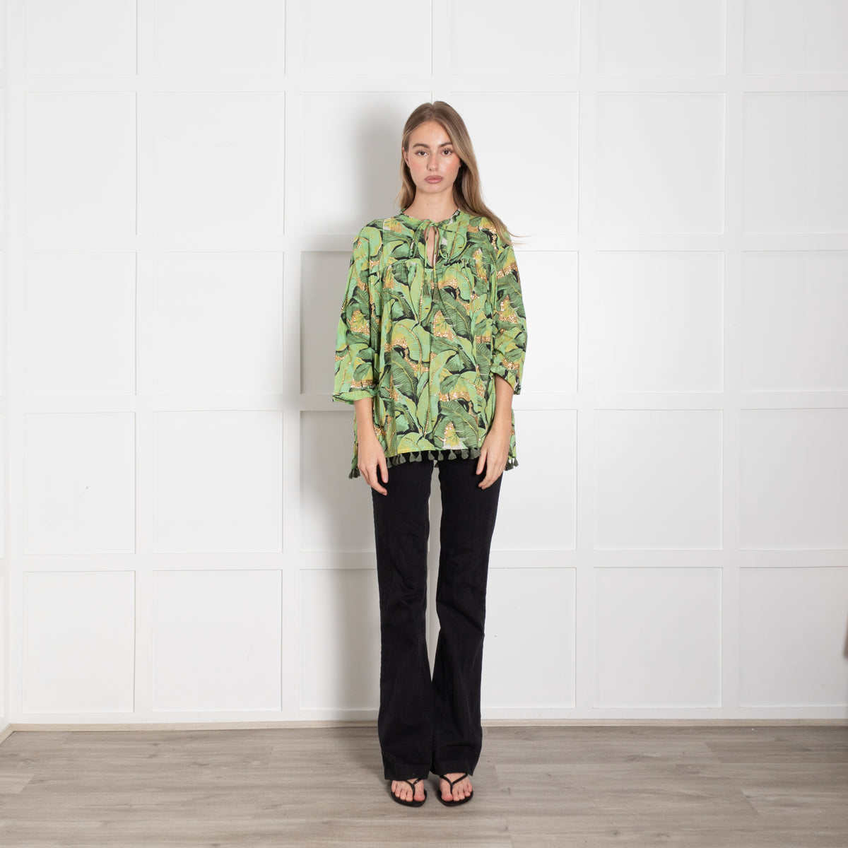Rose & Rose Green Cotton Leaf Print Top with Gold Embellisment