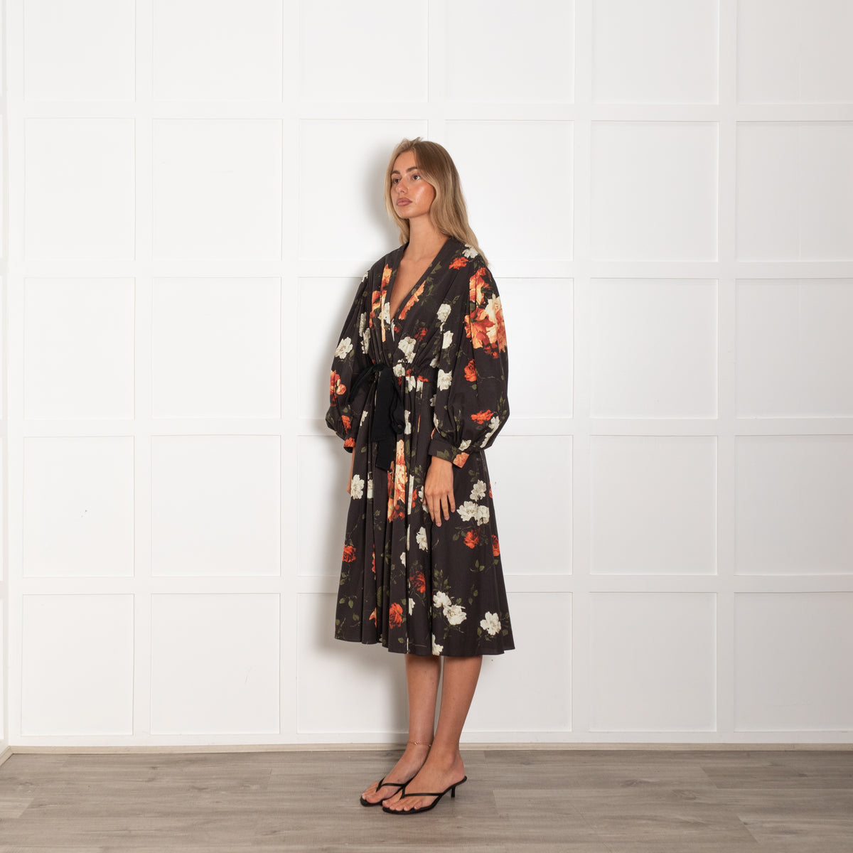 Erdem Black Red White Floral Belted Long Sleeve Dres