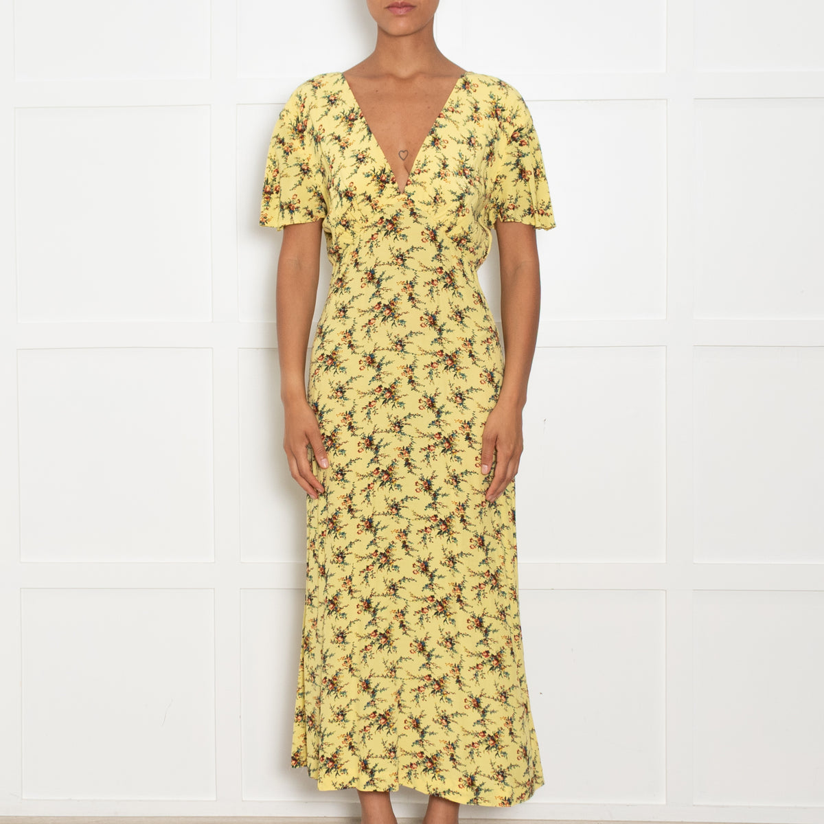 Sandro Yellow Floral Tea Dress with Cap Sleeves