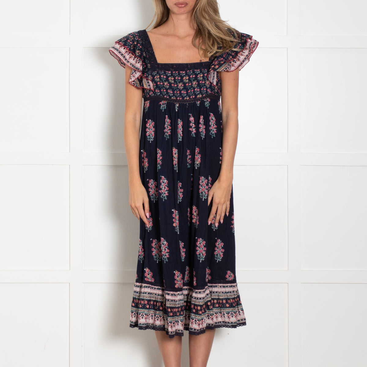 MABE Blue Cotton With Pink Flowers Dress With Frill Hem