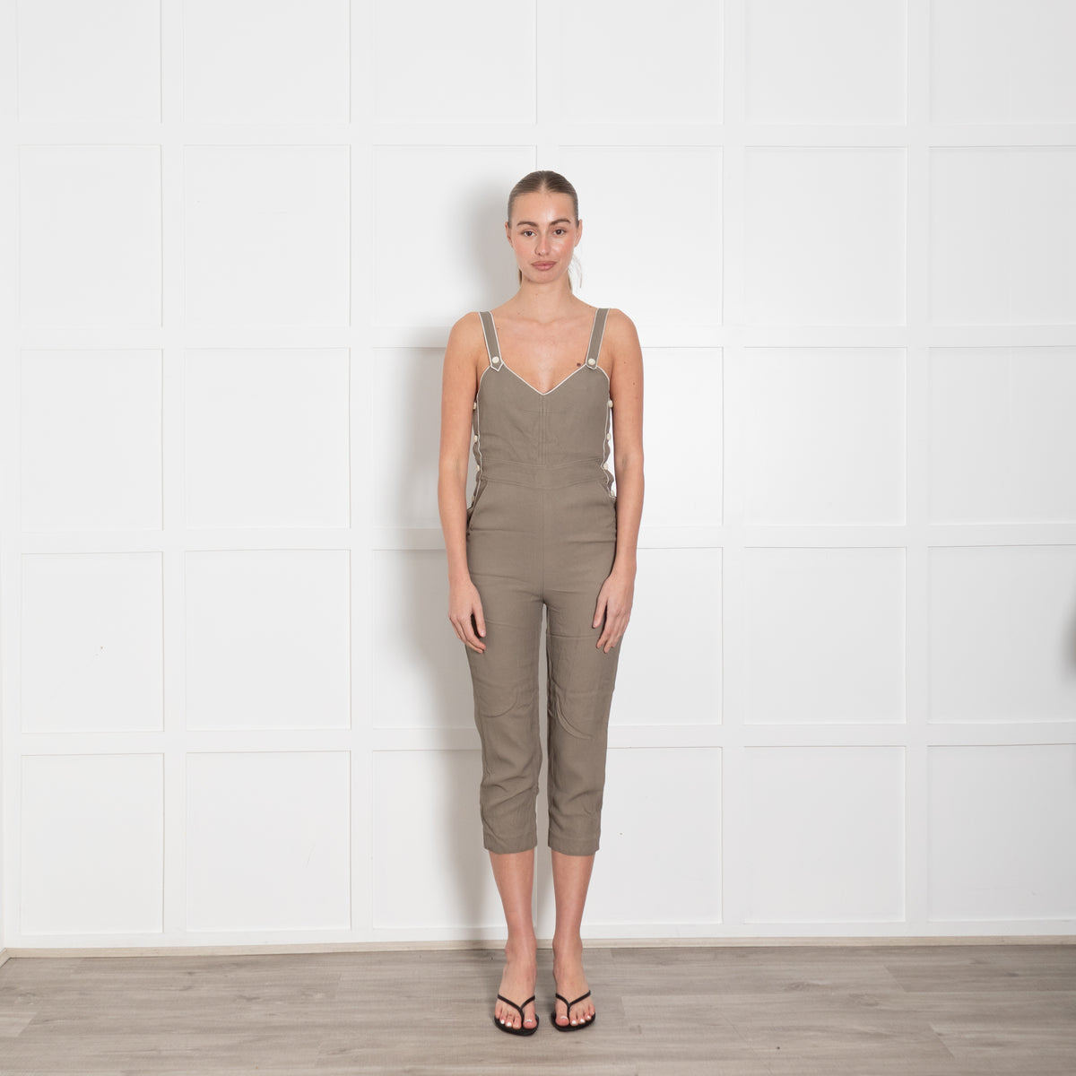 Rag & Bone Khaki Green White Trim Cropped Leg Jumpsuit