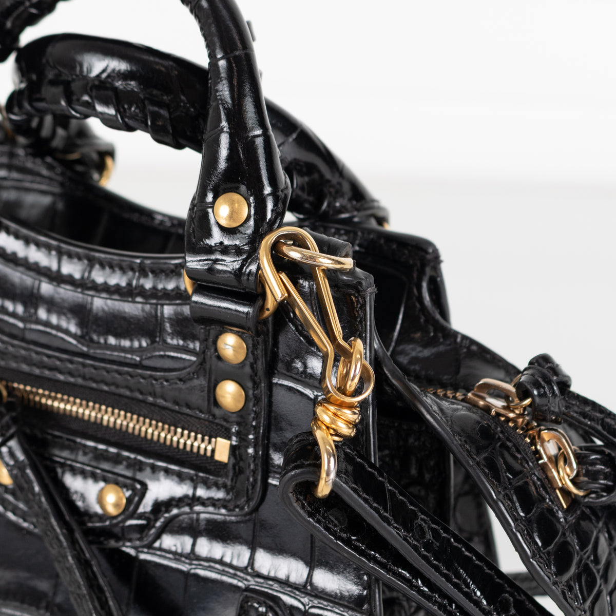 Balenciaga Black Croc Embossed Leather Nano Neo Cagole City Bag
