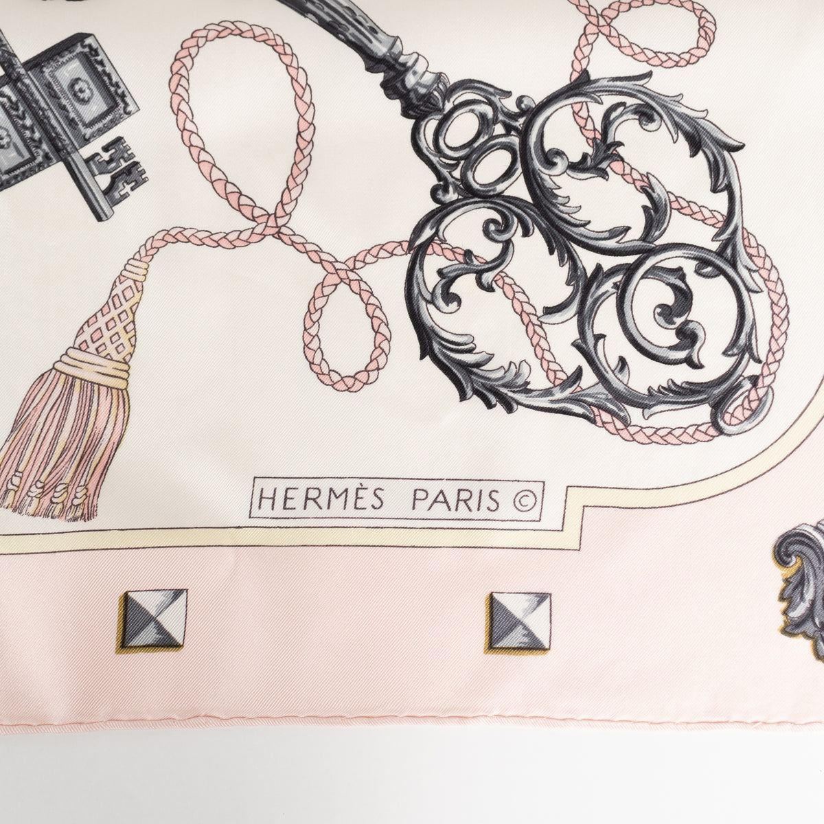 Hermes Les Cles Silk  Pink, Yellow, Black & Cream Scarf