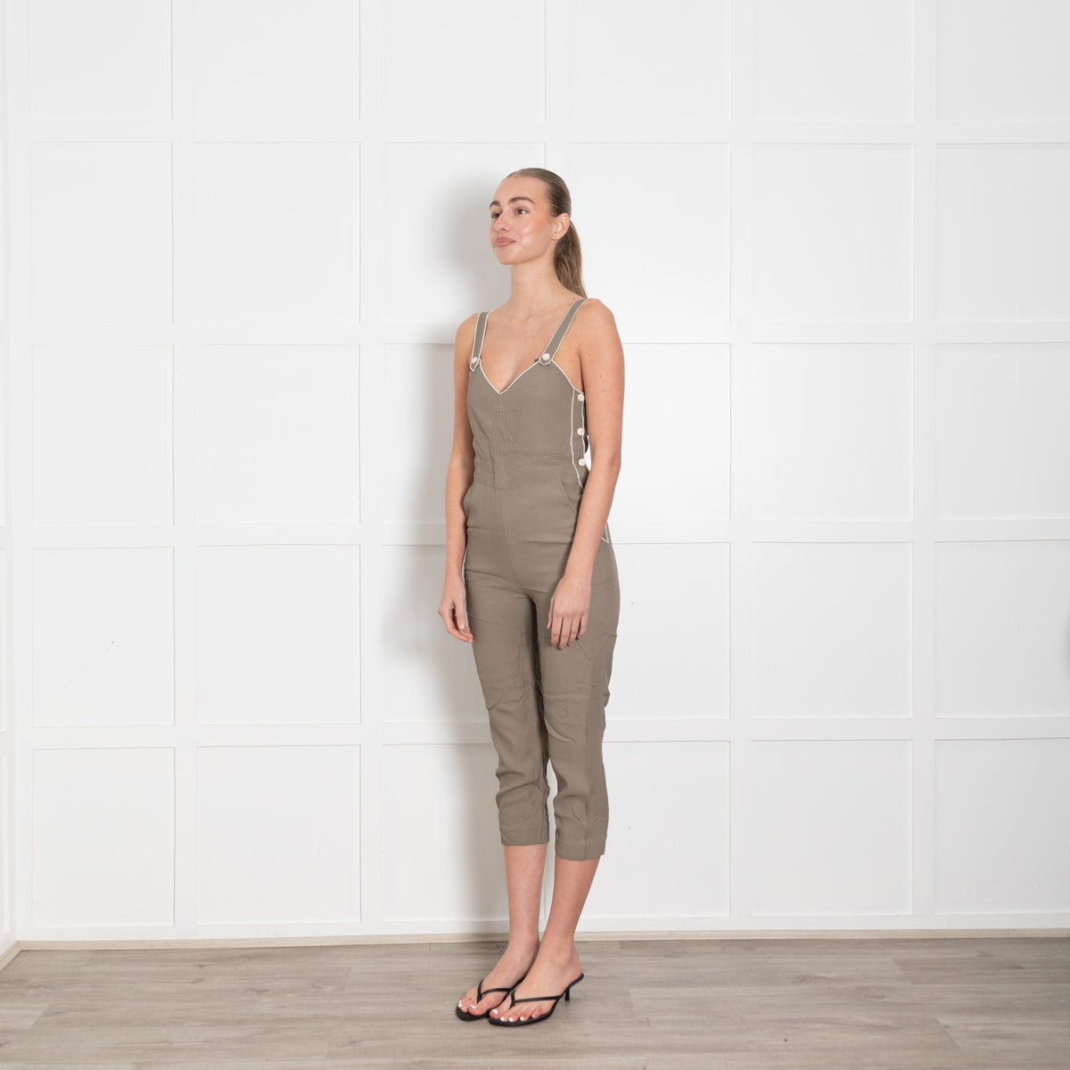 Rag & Bone Khaki Green White Trim Cropped Leg Jumpsuit