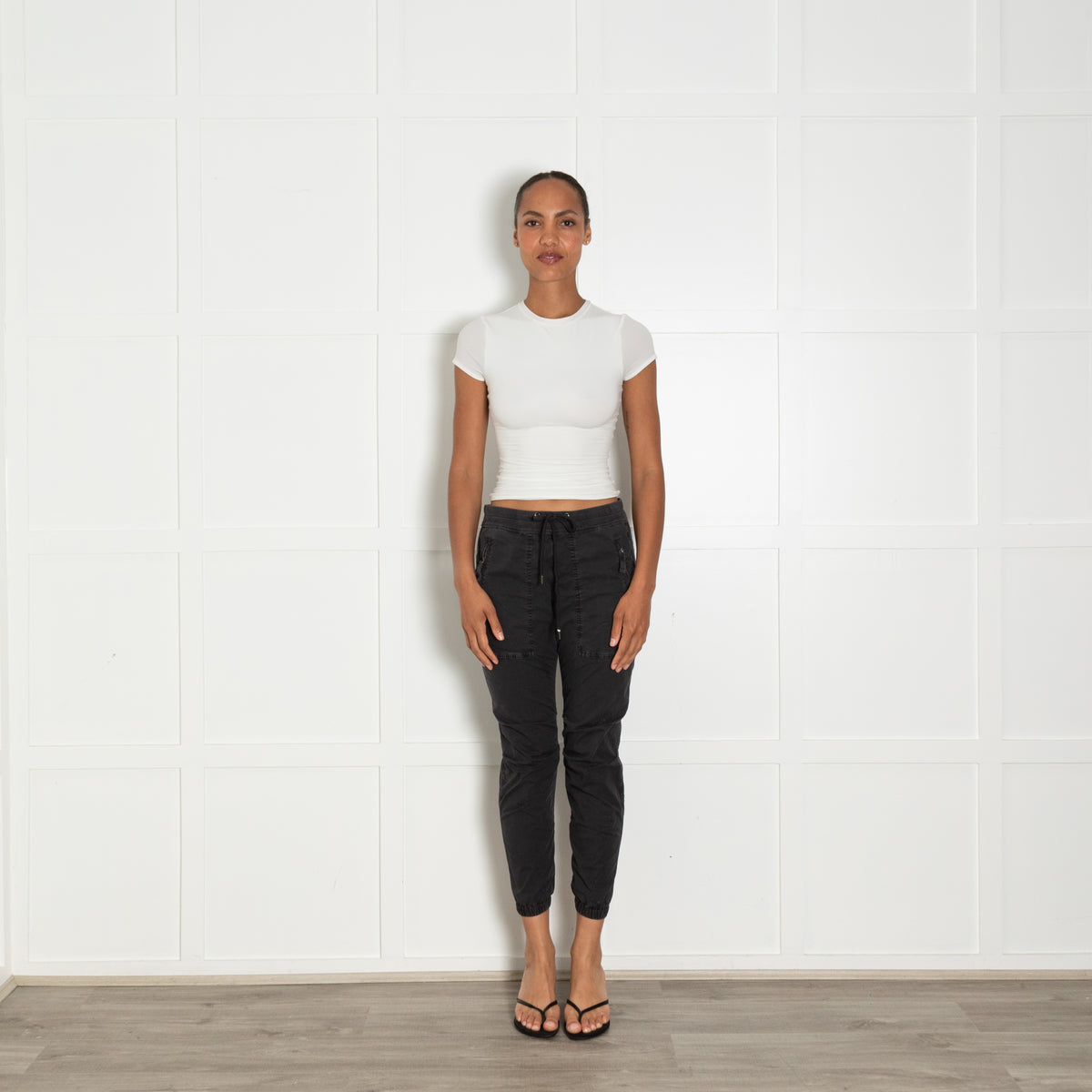 James Perse Navy Grey Cargo Style Cuffed Trousers With Drawstring Waist